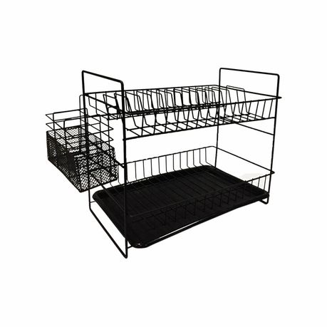 Regent Kitchen 2 Tier Black Dish Drying Rack with Tray and Cutlery Basket 39.5 × 25 × 25cm